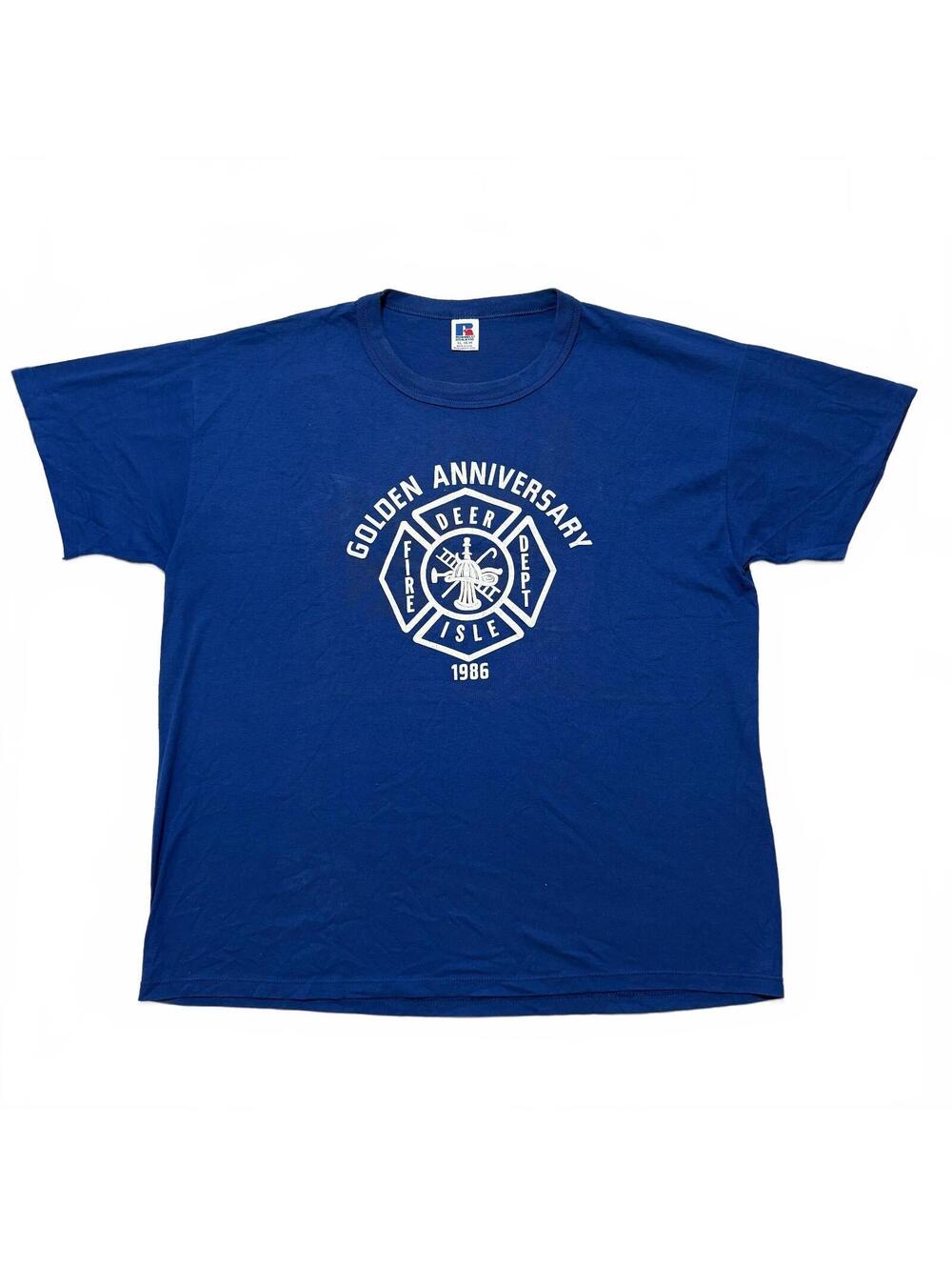 VTG 80s Russell Deer Isle Fire Dept Anniversary 50/50 T-Shirt Mens XL Royal Blue